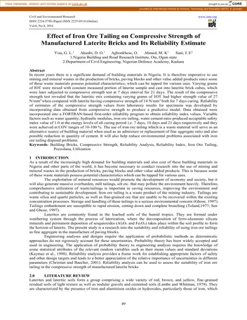 Más sobre Efecto de los Desechos de Mineral de Hierro en la Resistencia a la Compresión de Ladrillos de Laterita Manufacturados y su Fiabilidad